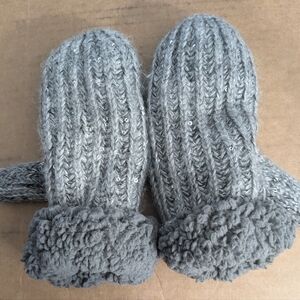 Gray Sherpa Lined Mittens With Sequins Womens S/M